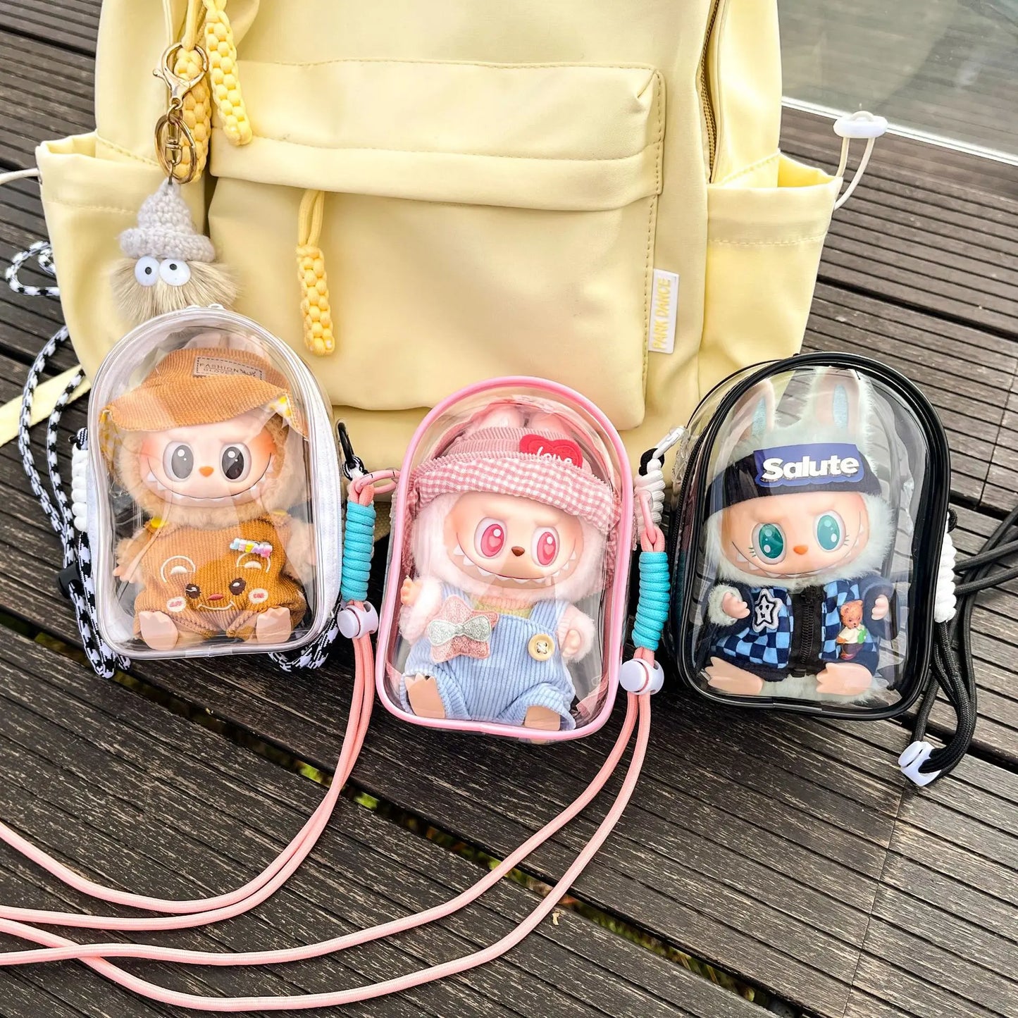 Labubu 15cm Transparent Shoulder Carrying Bag – Protective PVC Storage Case with Rope Strap