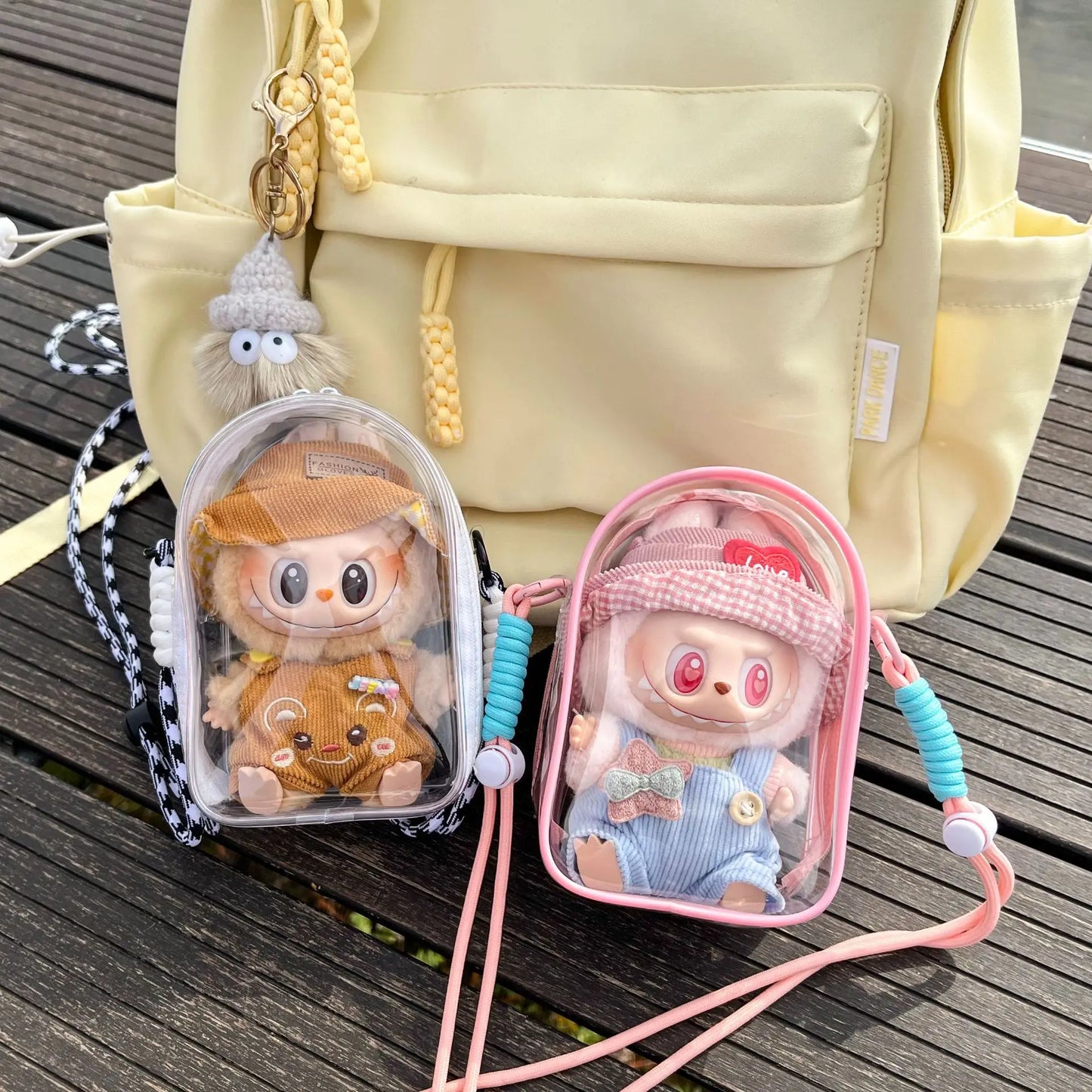 Labubu 15cm Transparent Shoulder Carrying Bag – Protective PVC Storage Case with Rope Strap