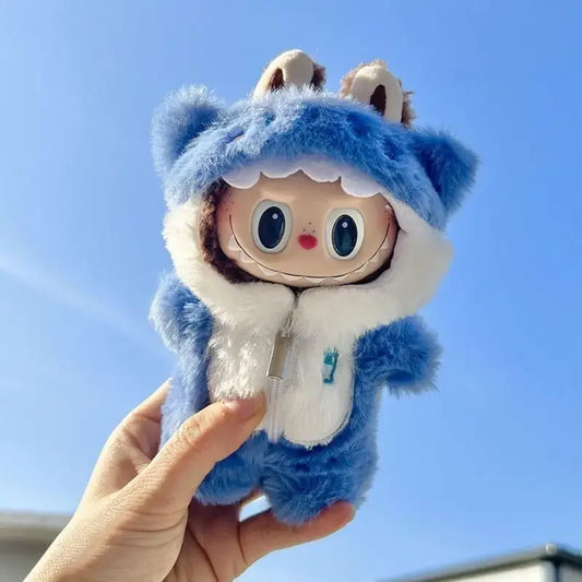 Labubu Hoodie Outfit – Plush Zip-Up Clothes for 17cm Dolls (Blue)