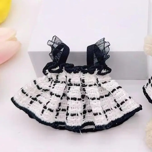 Labubu Clothes Designer White Plaid Dress – 15/17cm Plush Doll Outfit