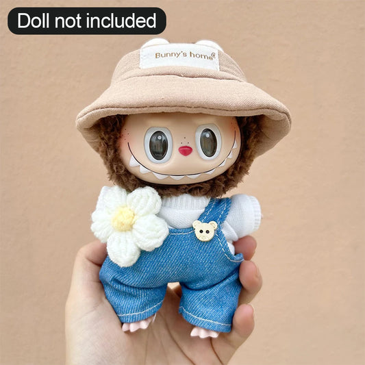 Labubu Clothes Outfit – Farmer Denim Overalls with Hat & Daisy Accessory for 15-17cm Labubu Doll