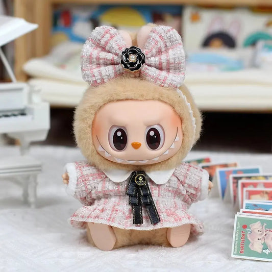 Labubu Clothes Pink Plaid Dress with Bow – 15/17cm Labubu Doll Outfit