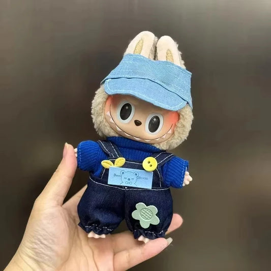 Blue Denim Overall Outfit with Cap for Labubu