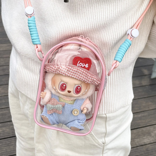 Labubu 15cm Transparent Shoulder Carrying Bag – Protective PVC Storage Case with Rope Strap