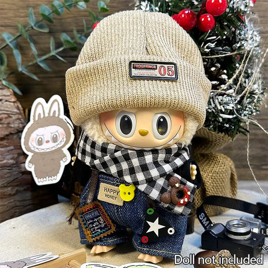 Labubu Urban Streetwear Outfit – Beanie & Denim Patch Overalls 🧢✨