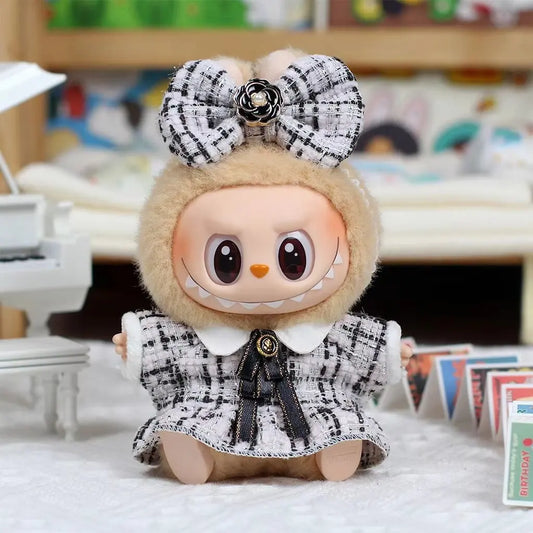 Labubu Clothes – Designer Tweed Dress with Bow & Pearl Details for 15/17cm Plush Doll – Black & White