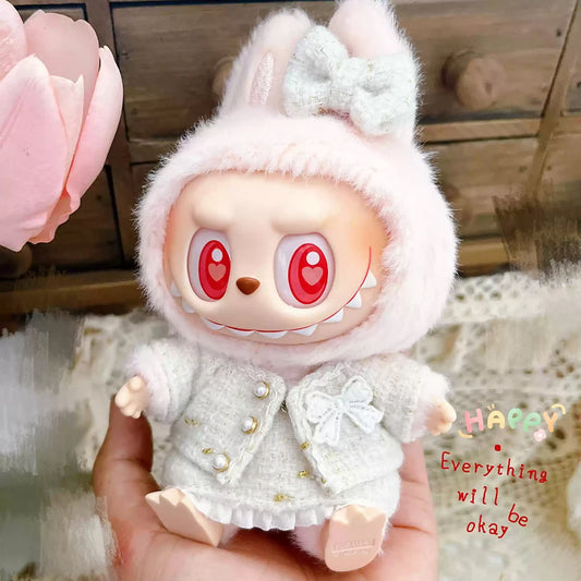 Labubu Clothes Elegant White Tweed Coat & Dress Outfit – 15/17cm Plush Doll Clothing Accessory