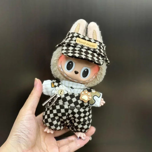 Labubu Handmade Checkered Overalls Outfit with Matching Cap