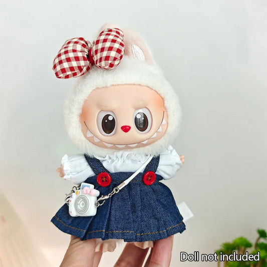 Labubu Doll Denim Dress Outfit with Red Bow