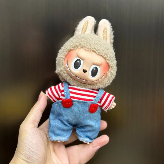 Labubu Outfit – Striped Tee & Denim Overalls with Red Button Accents