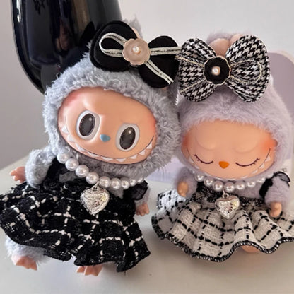 Labubu Clothes – Black & White Plaid Dress Outfit for 15-20cm Labubu Doll Accessories (No Doll)