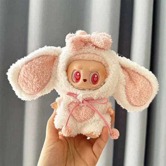 ✨ Labubu Clothes – Plush Bunny Ear Outfit with Bowknot & Heart Detail (Pink)